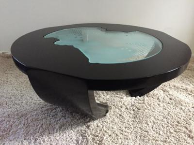 Charles Pace Charles Pace Black Lacquer Etched Engraved Glass Top Custom Coffee Table