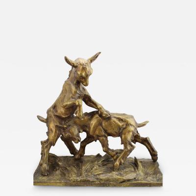 Charles Paillet Charles Paillet Medaille Dor Bronze of Two Playful Goats