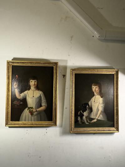 Charles Peale Polk EXCEPTIONAL PAIR OF EARLY PORTRAITS OF GIRL DOG GIRL WITH BIRD