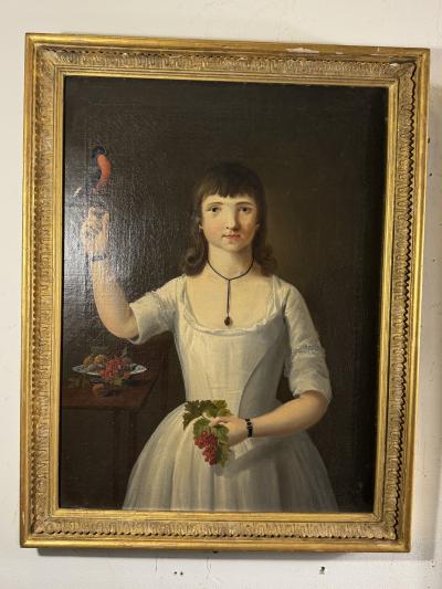 Charles Peale Polk EXCEPTIONAL PAIR OF EARLY PORTRAITS OF GIRL DOG GIRL WITH BIRD