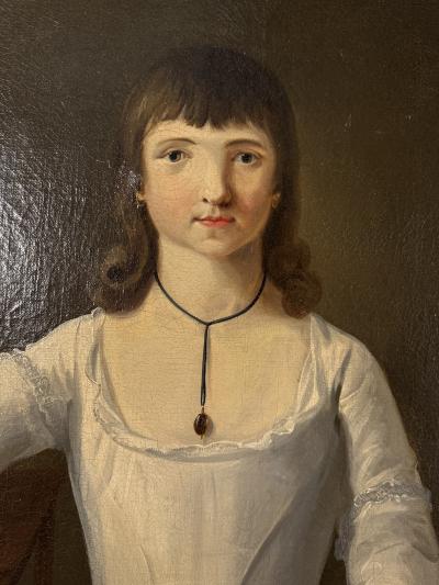 Charles Peale Polk EXCEPTIONAL PAIR OF EARLY PORTRAITS OF GIRL DOG GIRL WITH BIRD