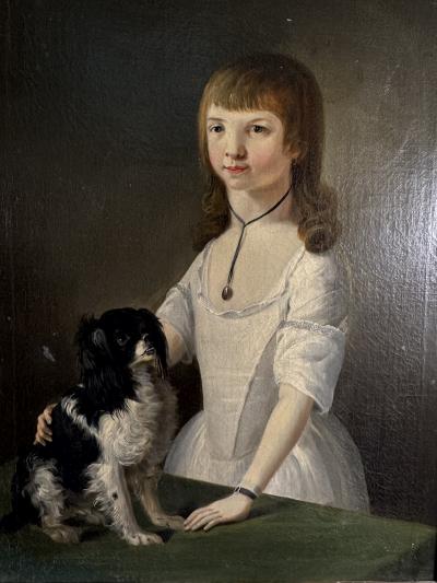 Charles Peale Polk EXCEPTIONAL PAIR OF EARLY PORTRAITS OF GIRL DOG GIRL WITH BIRD