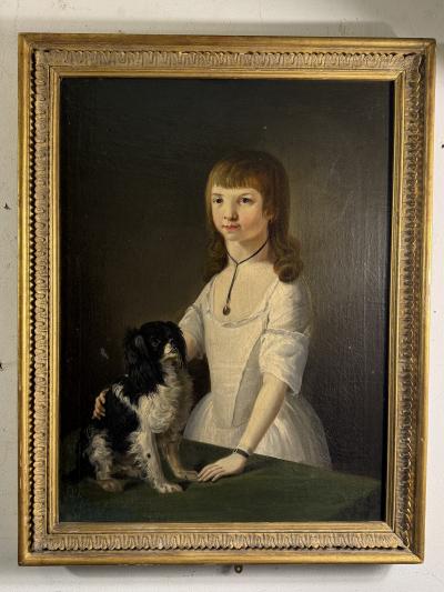 Charles Peale Polk EXCEPTIONAL PAIR OF EARLY PORTRAITS OF GIRL DOG GIRL WITH BIRD