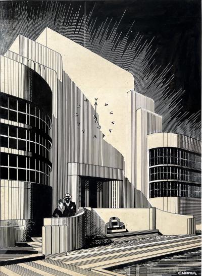 Charles Perry Weimer Art Deco Couple In Front of Black and White Art Deco Architecture