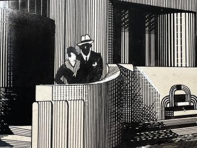 Charles Perry Weimer Art Deco Couple In Front of Black and White Art Deco Architecture