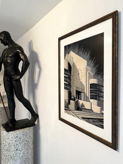 Charles Perry Weimer Art Deco Couple In Front of Black and White Art Deco Architecture