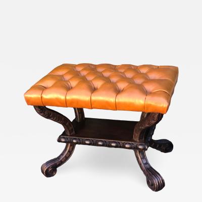 Charles Pollock Carved Italian Walnut Tufted Leather Bench Footstool Ottoman