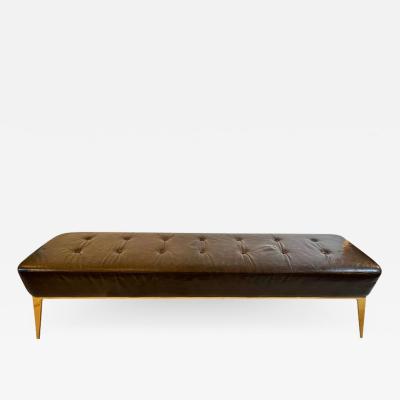 Charles Ramos MCM Brown Leather Bench with Tapered Gilt Metal Legs by Charles Ramos