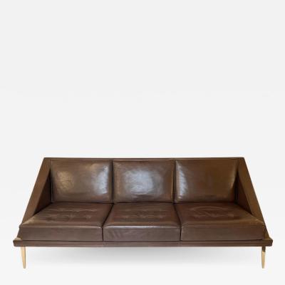 Charles Ramos Mid Century Modern Brown Leather Sofa with Tapered Gilt Metal Legs by C Ramos