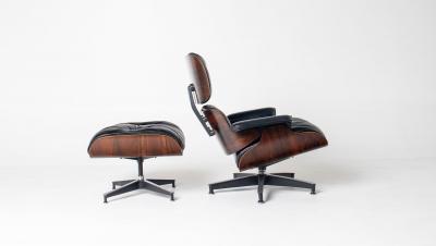 Charles Ray Eames 2nd Generation Eames Lounge Chair and Ottoman in Rosewood Black Leather