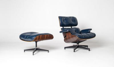 Charles Ray Eames 3rd Generation Eames Lounge Chair and Ottoman in Midnight Blue Leather