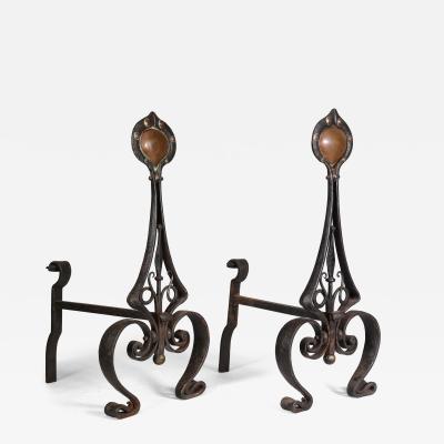 Charles Robert Ashbee C R Ashbee An early pair of Arts Crafts hand wrought iron copper fire dogs 