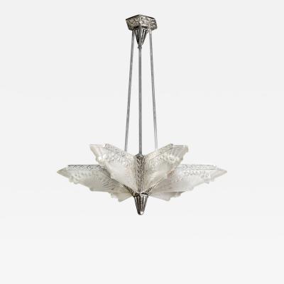 Charles Schneider Art Deco Chandelier signed by Charles Schneider in Frosted Glass with Nickel