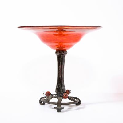 Charles Schneider Art Deco Mottled Carnelian Glass Bowl w Wrought Iron Base Signed by Schneider