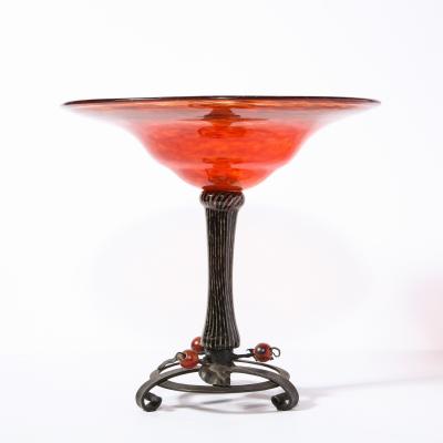 Charles Schneider Art Deco Mottled Carnelian Glass Bowl w Wrought Iron Base Signed by Schneider