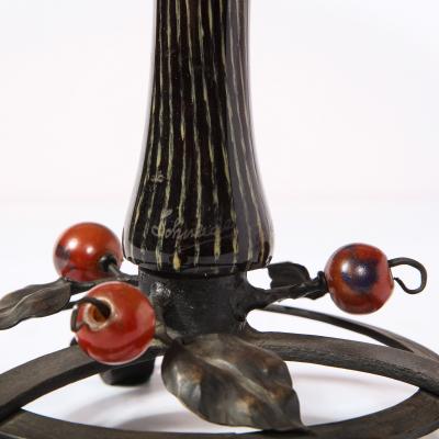 Charles Schneider Art Deco Mottled Carnelian Glass Bowl w Wrought Iron Base Signed by Schneider