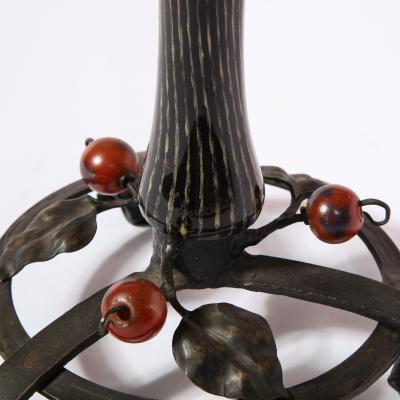 Charles Schneider Art Deco Mottled Carnelian Glass Bowl w Wrought Iron Base Signed by Schneider