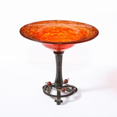 Charles Schneider Art Deco Mottled Carnelian Glass Bowl w Wrought Iron Base Signed by Schneider