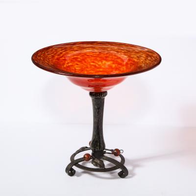 Charles Schneider Art Deco Mottled Carnelian Glass Bowl w Wrought Iron Base Signed by Schneider