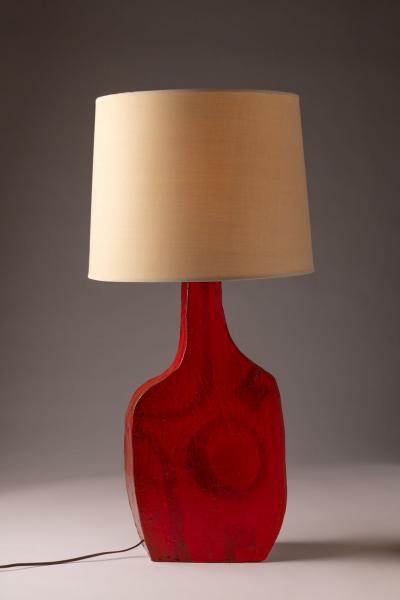 Charles Sucsan Asymmetrical Studio Ceramic Table Lamp in Vibrant Red Glaze 1960s