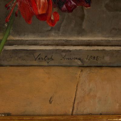 Charles Verlat Very large antique Belgian still life painting of fruits and flowers