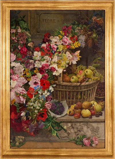 Charles Verlat Very large antique Belgian still life painting of fruits and flowers