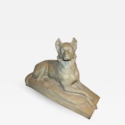 Charles Virion Charles Virion 1920 Antique Gray Terracotta Sculpture of a German Shepherd Dog