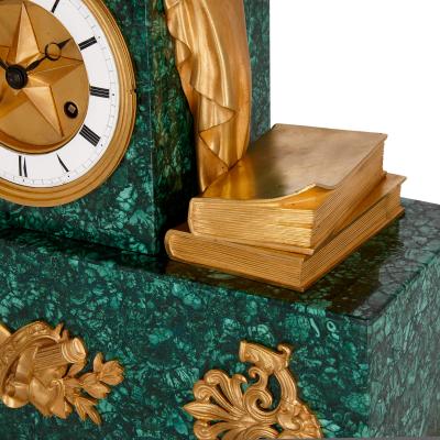 Charles X period gilt bronze and malachite sculptural mantel clock