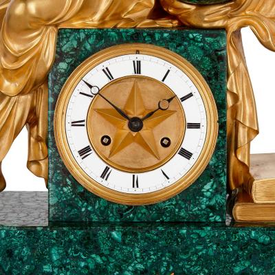 Charles X period gilt bronze and malachite sculptural mantel clock