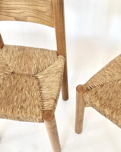 Charlotte Perriand CHARLOTTE PERRIAND PAIR OF MERIBEL ELM AND RUSH DINING CHAIRS LES ARCS C 1960