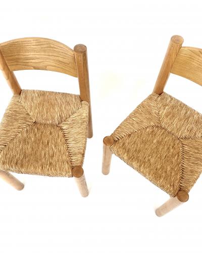 Charlotte Perriand CHARLOTTE PERRIAND PAIR OF MERIBEL ELM AND RUSH DINING CHAIRS LES ARCS C 1960