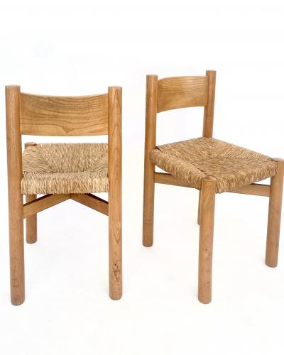 Charlotte Perriand CHARLOTTE PERRIAND PAIR OF MERIBEL ELM AND RUSH DINING CHAIRS LES ARCS C 1960