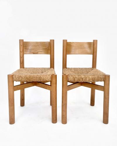 Charlotte Perriand CHARLOTTE PERRIAND PAIR OF MERIBEL ELM AND RUSH DINING CHAIRS LES ARCS C 1960