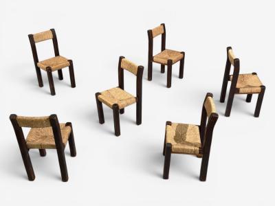 Charlotte Perriand Charlotte Perriand Style Brutalist Dining Chairs Wood Straw France 1960s