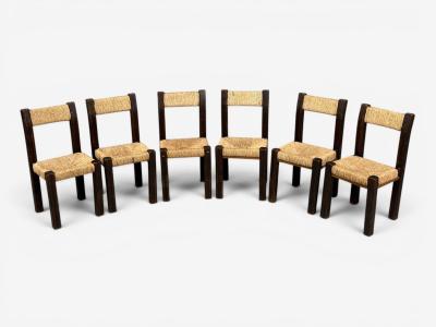 Charlotte Perriand Charlotte Perriand Style Brutalist Dining Chairs Wood Straw France 1960s