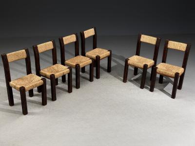 Charlotte Perriand Charlotte Perriand Style Brutalist Dining Chairs Wood Straw France 1960s
