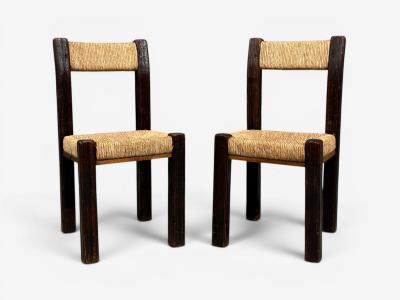 Charlotte Perriand Charlotte Perriand Style Brutalist Dining Chairs Wood Straw France 1960s