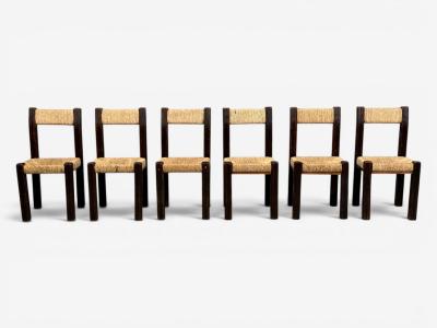 Charlotte Perriand Charlotte Perriand Style Brutalist Dining Chairs Wood Straw France 1960s