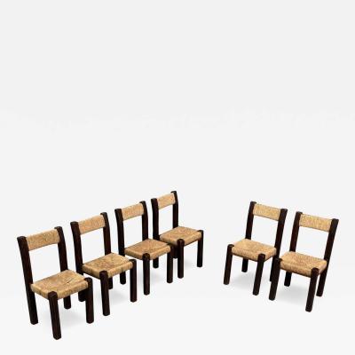 Charlotte Perriand Charlotte Perriand Style Brutalist Dining Chairs Wood Straw France 1960s