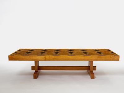 Charlotte Perriand Large French coffee table oak wood petrified wood and slate top 1960