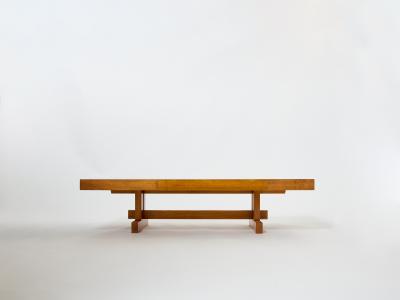 Charlotte Perriand Large French coffee table oak wood petrified wood and slate top 1960