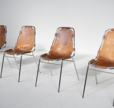 Charlotte Perriand Mid Century Set of 4 Leather Les Arcs Chairs by Charlotte Perriand France