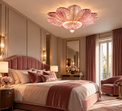 Charming Pink Amethyst Murano Glass Leave Ceiling Light or Chandelier