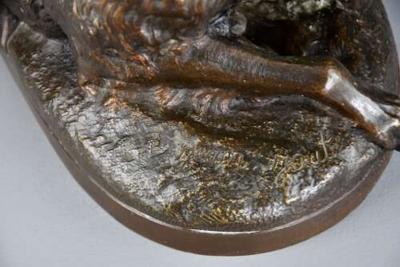 Charming late 19thC fine quality French bronze of a winged putto and spaniel dog