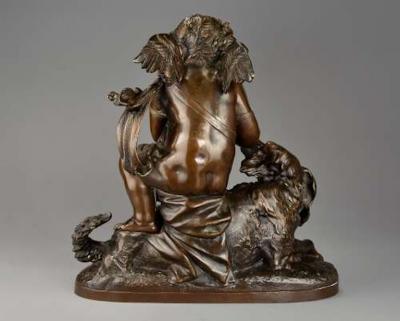 Charming late 19thC fine quality French bronze of a winged putto and spaniel dog