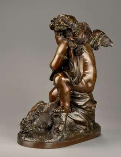 Charming late 19thC fine quality French bronze of a winged putto and spaniel dog