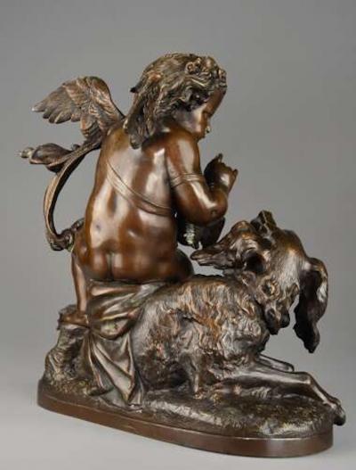 Charming late 19thC fine quality French bronze of a winged putto and spaniel dog