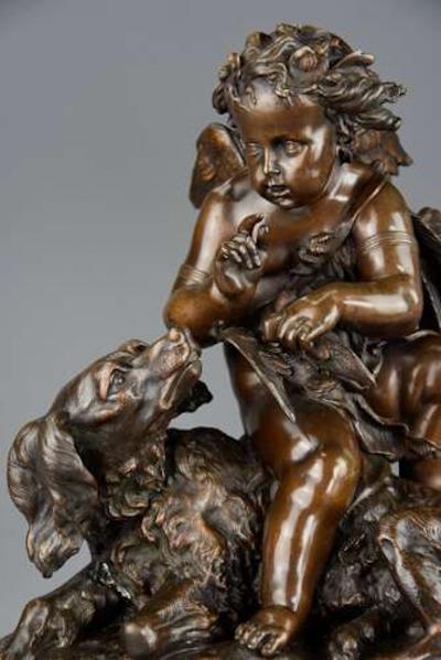 Charming late 19thC fine quality French bronze of a winged putto and spaniel dog