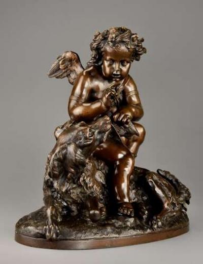 Charming late 19thC fine quality French bronze of a winged putto and spaniel dog