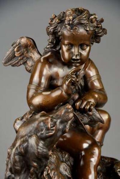 Charming late 19thC fine quality French bronze of a winged putto and spaniel dog